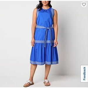 NWT ST. JOHN’S BAY Embroidered Sleeveless‎ Shift Dress XL Dazzling Blue Pockets